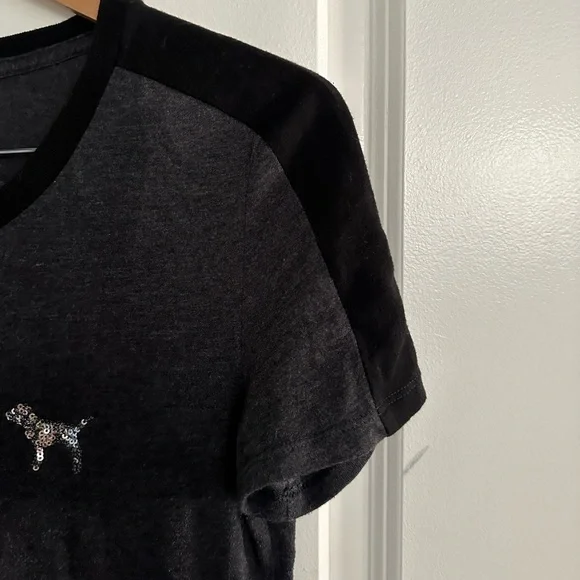 PINK Victoria Secrets Grey/Blacj with Sequence Tshirt Size L - Picture 9 of 9